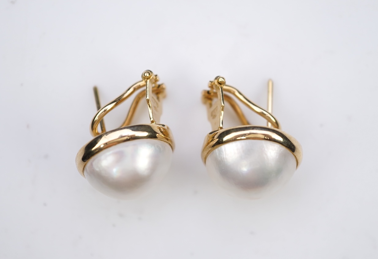A pair of mabé cultured pearl earrings